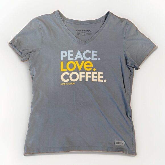Life Is Good Tops - Life is Good Womens S Peace Love Coffee Crusher V Neck‎ T Shirt Blue
